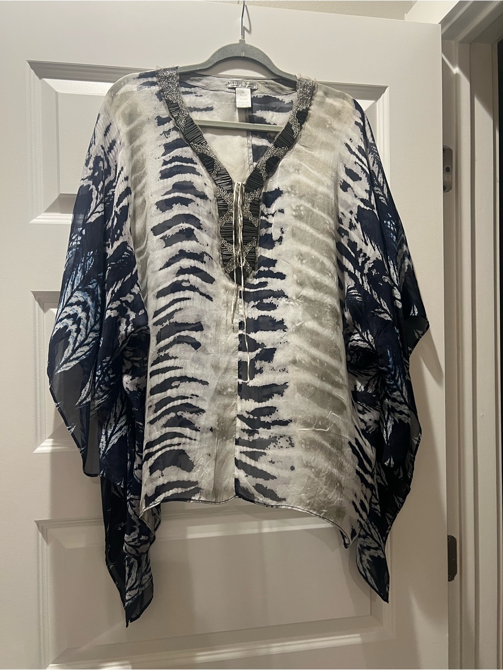 Alberto Makali Navy and White Tie-Dye V-Neck Tunic with Tassel Trim